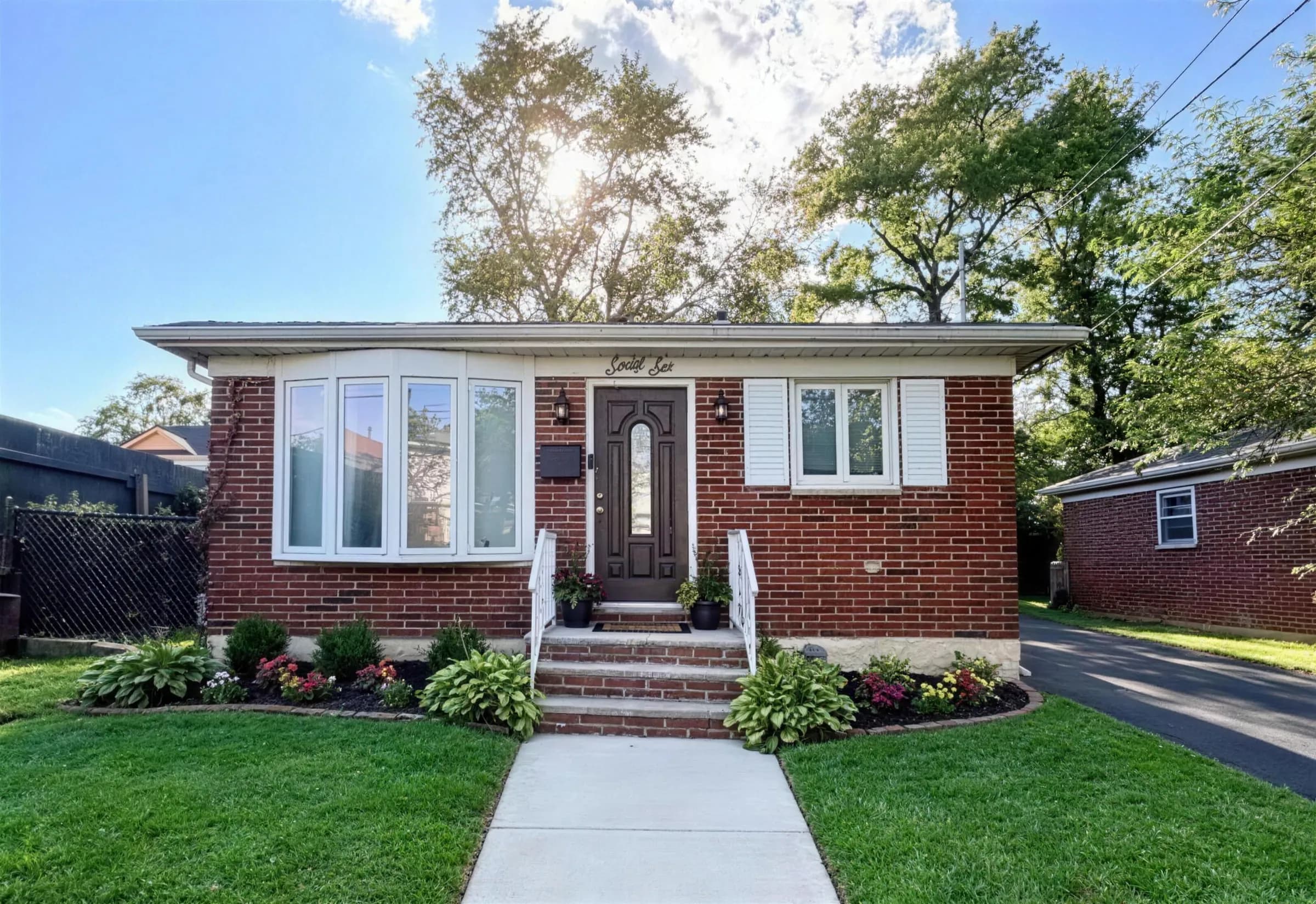 A brick ranch house with a bay window and a straight walk across the front lawn