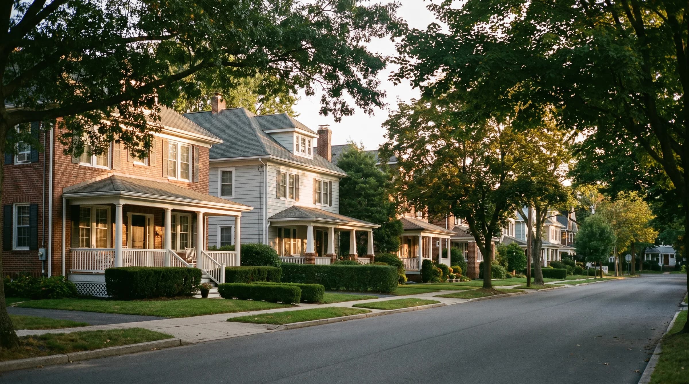 A tree-lined residential street of porch-fronted houses in warm late-afternoon light